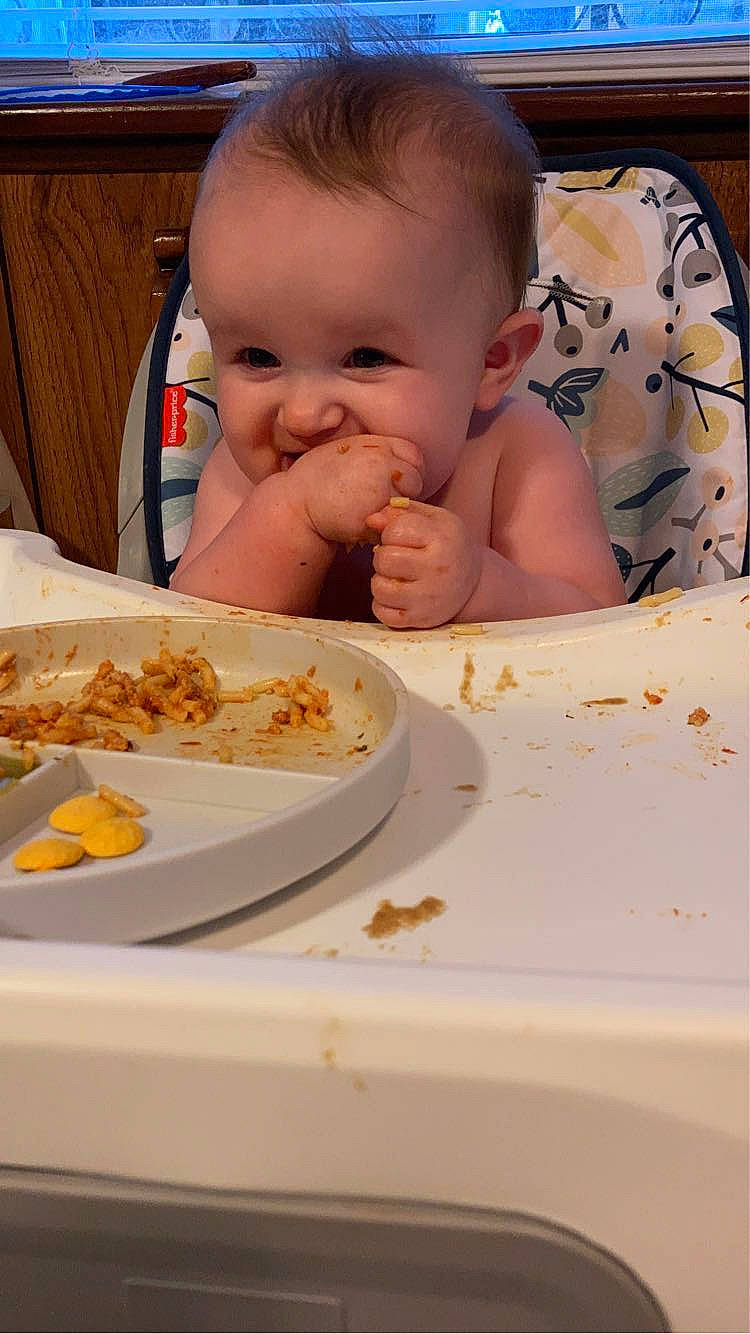 Aubrie joined the competition — help win amazing prizes! baby, baby_toddler_clothing, chair, cheek, child, comfort_food, cuisine, dish, dishware, eating, finger_food, food, food_craving, ingredient, person, plate, recipe, serveware, table, tableware