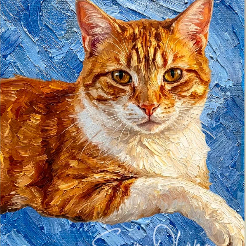 Oliver joined the competition — help win amazing prizes! cat, orange_cat, white_cat, oil_painting, painting, artwork, portrait, animal, pet, feline, texture, brush_strokes, blue_background, signature, relaxed, closeup, whiskers, ears, eyes, paw