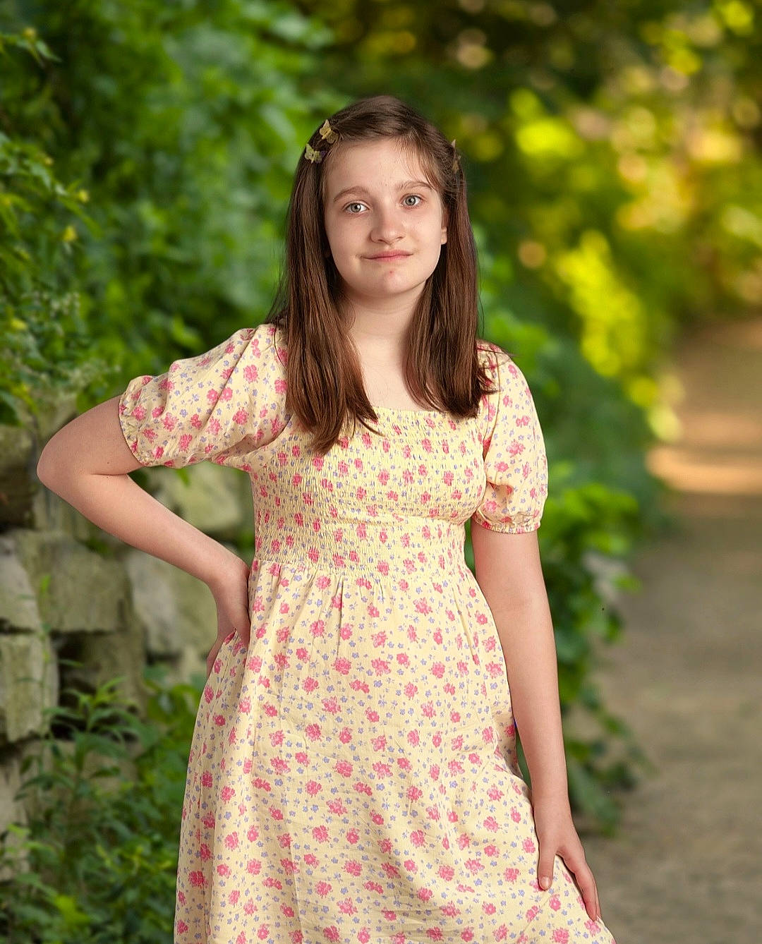 Abigail is registered to the contest to win money with this photo: arm, day_dress, dress, fashion_design, flash_photography, formal_wear, grass, hair, happy, joy, long_hair, neck, one_piece_garment, pattern, people_in_nature, person, plant, shoulder, sleeve, smile