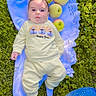 baby, infant, child, outdoor, grass, blanket, blue_blanket, apples, fruit, picnic, lying_down, portrait, face, wide_eyes, clothing, sweatshirt, pants, socks, garden, daylight
