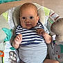 Mariano joined the competition — help win amazing prizes! baby, infant, striped_clothing, bib, baby_seat, animal_prints, elephant, sloth, socks, indoor, floor, curious, cute, child, person, soft_toys, playful, comfortable, young, portrait