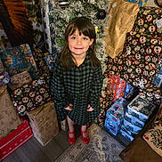 Athena Allred joined the competition — help win amazing prizes! child, girl, christmas_tree, presents, wrapped_gifts, holiday, indoor, smile, plaid_dress, red_shoes, carpet, furniture, decorations, festive, happy, portrait, holiday_season, celebration, floor, winter