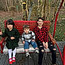 Athena Allred joined the competition — help win amazing prizes! child, children, outdoor, bench, swing, red_bench, plaid_shirt, jeans, leaves, trees, wooden_floor, casual_clothing, fall, siblings, smile, nature, park, young, portrait, group