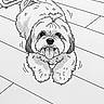 dog, cartoon, drawing, black_and_white, fluffy_dog, tongue_out, happy, playful, wooden_floor, comic_style, illustration, pet, animal, fur, cute, sitting, motion_lines, artwork, sketch, adorable