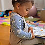 toddler, child, reading, book, playmat, indoor, scrunchie, hair, clothing, long_sleeve, knit_overalls, floor, toy, colorful, window_light, side_profile, cute, young_child, playroom, focused