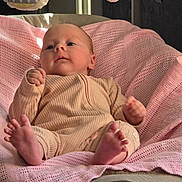 Alyissa joined the competition — help win amazing prizes! baby, infant, blanket, pink, onesie, feet, hand, face, toy, hanging_toy, knitted_blanket, indoor, comfort, child, cute, relaxing, portrait, baby_chair, soft_lighting, home