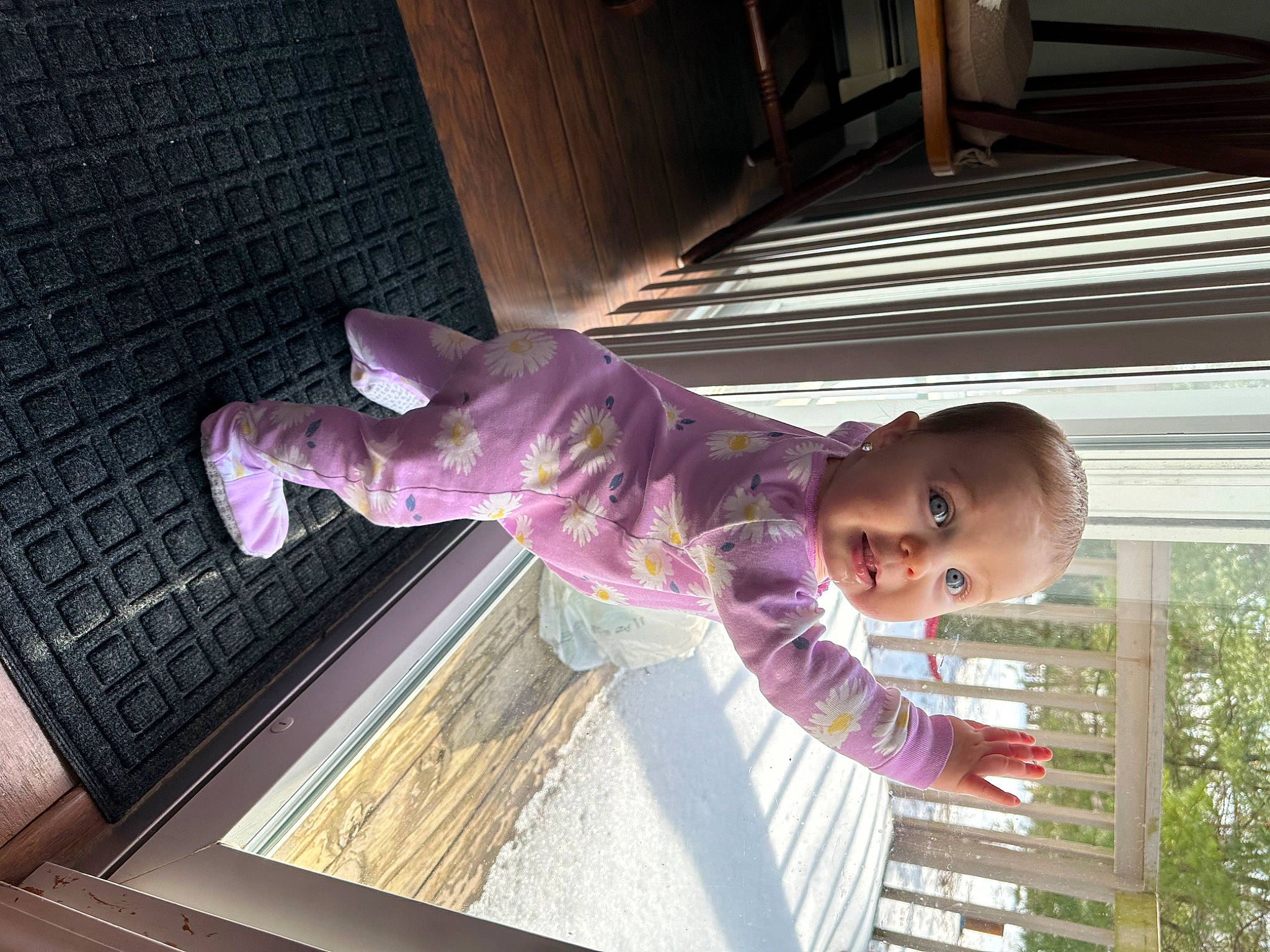 Ryleigh joined the competition — help win amazing prizes! baby, baby_toddler_clothing, child, flooring, fun, happy, magenta, person, purple, smile, tints_and_shades, toddler, tree, window, wood