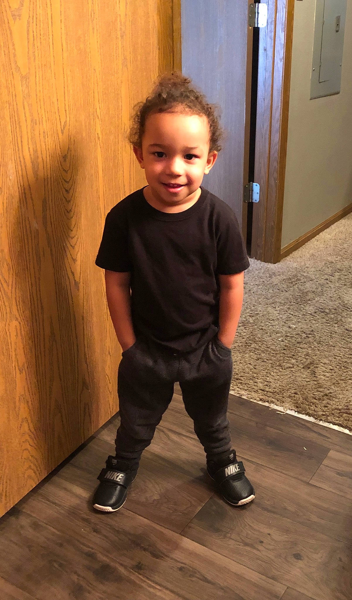 Zaidyn joined the competition — help win amazing prizes! arm, child, floor, flooring, joy, leg, person, shoe, shoulder, standing, t_shirt, toddler, wood