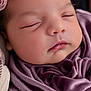 adorable, baby, blanket, calm, child, close_up, closed_eyes, cute, face, flower_crown, headwear, infant, peaceful, portrait, purple, roses, skin, sleeping, soft_texture, velvet
