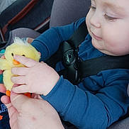 Devlin is registered to the contest to win money with this photo: baby, child, car_seat, blue_clothing, plush_toy, yellow_chick, hand, adult_hand, seatbelt, close_up, indoor, smiling, cute, infant, toddler, toy, seat, child_safety, car, person