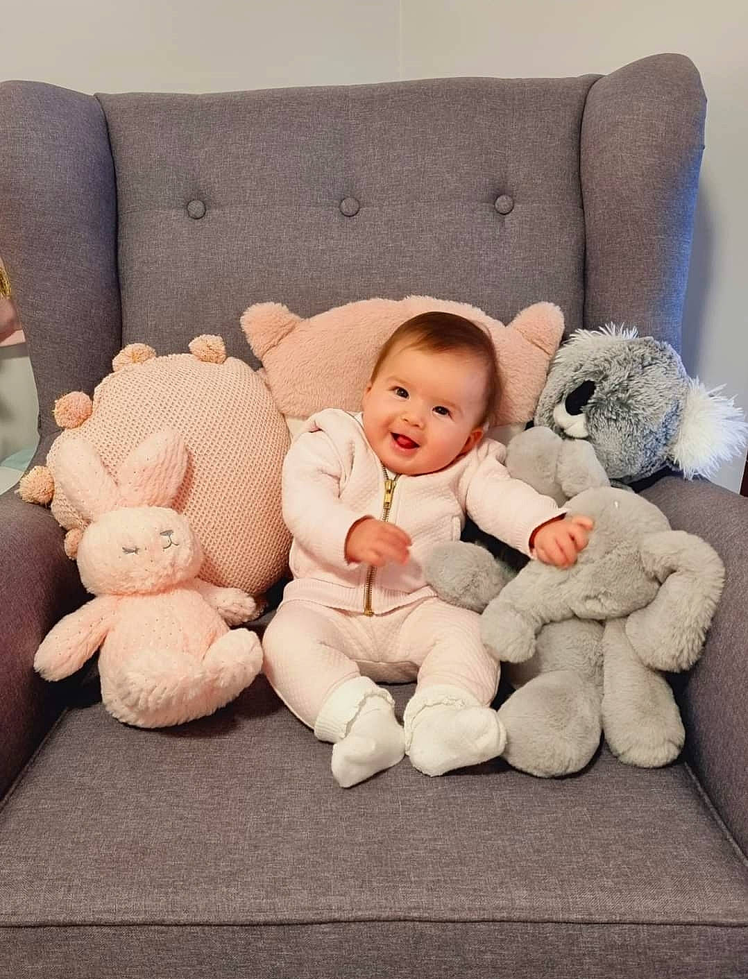 Abigail joined the competition — help win amazing prizes! baby, baby_sleeping, baby_toddler_clothing, cheek, child, comfort, couch, foot, fur, happy, joy, linens, mammal, person, plush, product, sitting, stuffed_toy, teddy_bear, textile