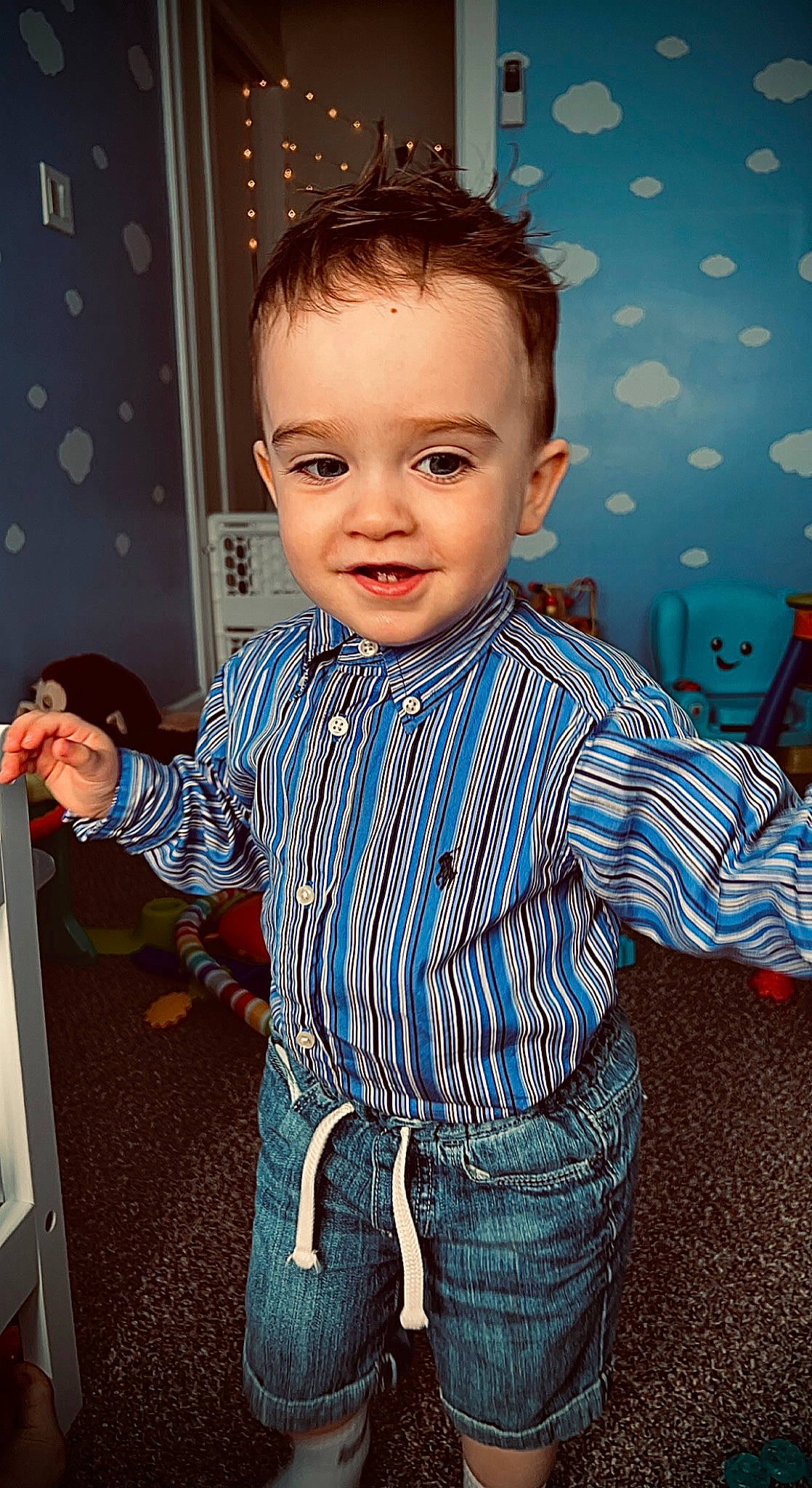 Levi joined the competition — help win amazing prizes! baby_toddler_clothing, blond, cheek, child, cool, electric_blue, facial_expression, fun, hairstyle, hand, happy, organ, pattern, person, product, skin, sleeve, smile, standing, t_shirt