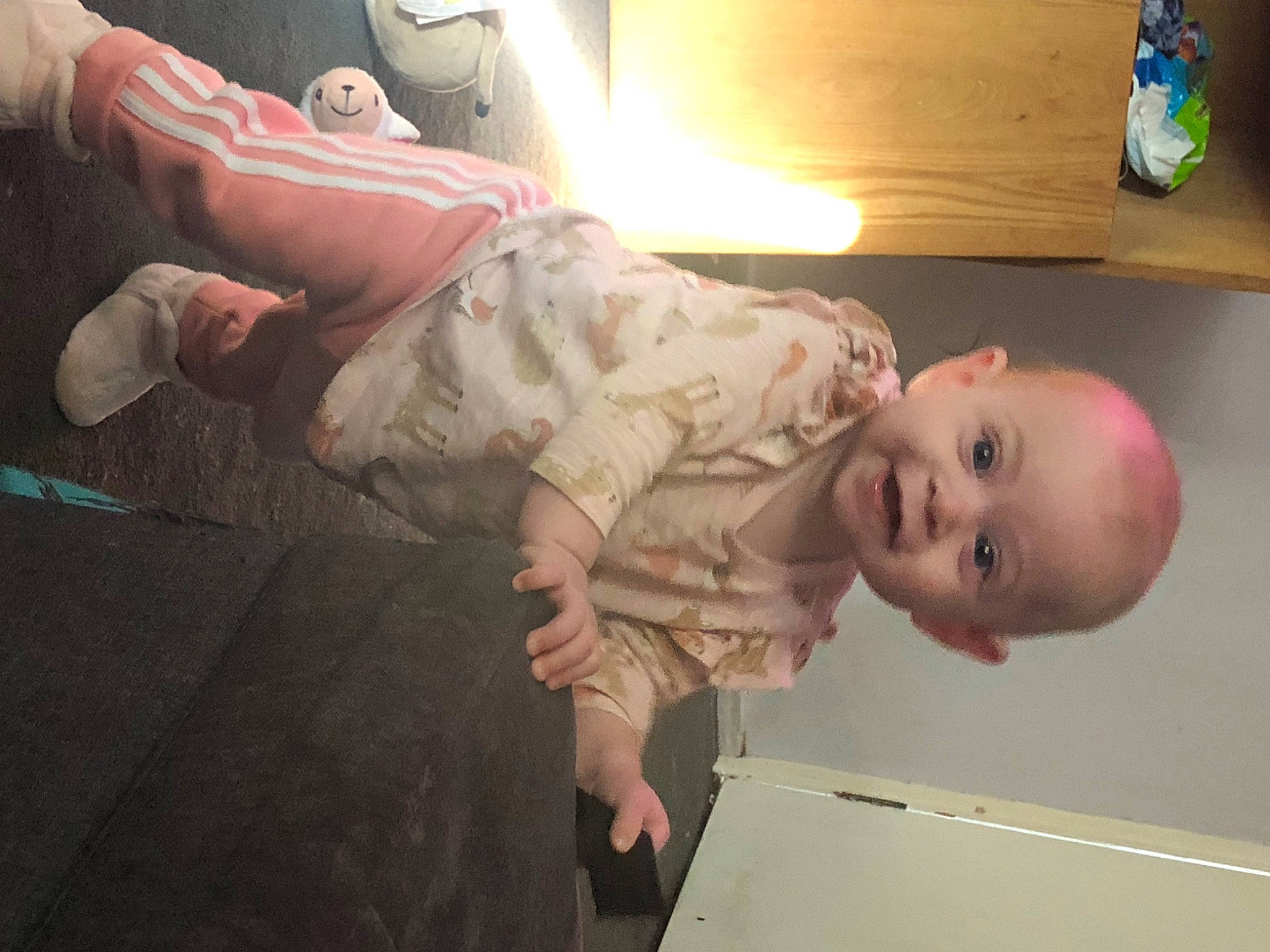 Amelia Kinsley is registered to the contest to win money with this photo: baby, baby_toddler_clothing, cheek, child, comfort, elbow, flesh, flooring, fun, hardwood, human_body, knee, mouth, person, room, sitting, smile, t_shirt, toddler, wood