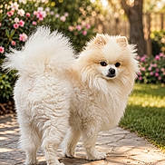 Rodrigo is registered to the contest to win money with this photo: dog, pomeranian, fluffy, cream_color, pet, outdoor, garden, flower, greenery, sunlight, path, curious, tail, small_dog, fur, canine, animal, nature, cute, portrait