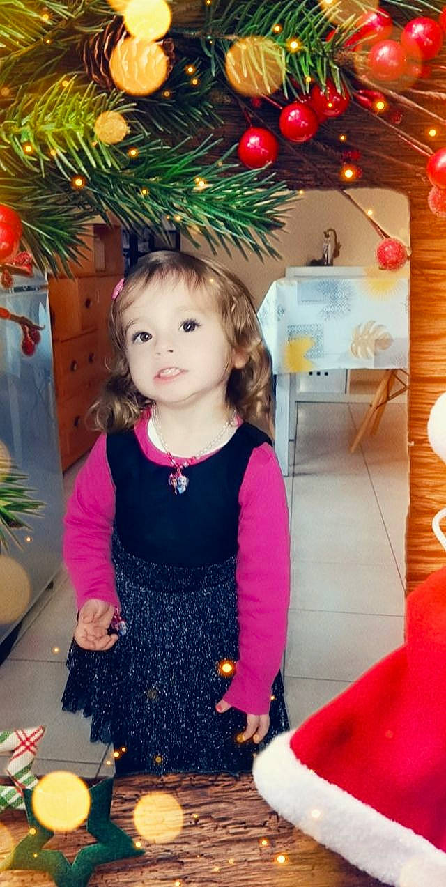 Louise a rejoint le concours — aidez-le/la à gagner de superbes lots ! baby_toddler_clothing, christmas_ornament, christmas_tree, eye, facial_expression, flowerpot, fun, happy, head, holiday_ornament, human, iris, people, person, photograph, pink, plant, red, sleeve, toddler