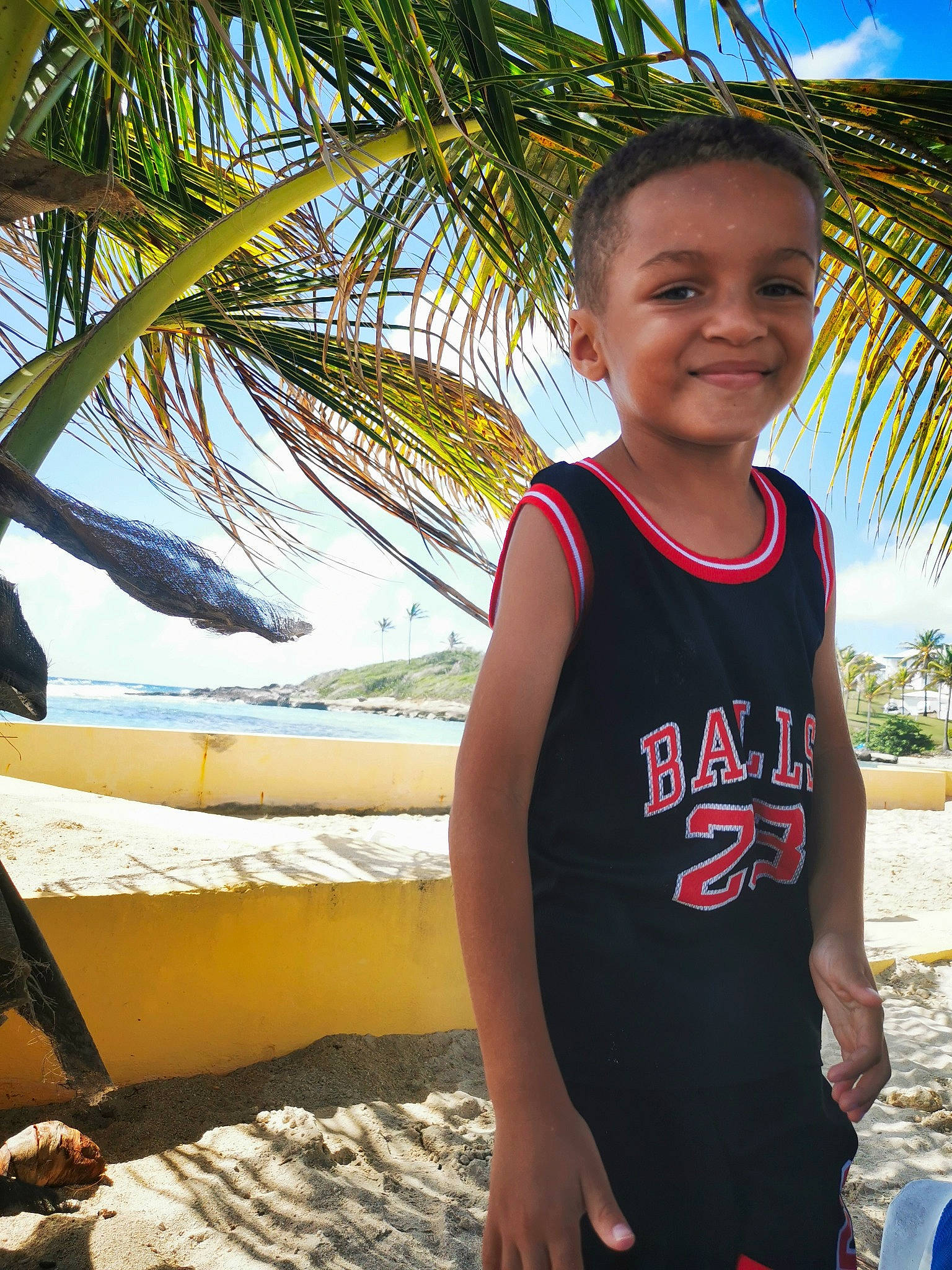 Diego participe au concours pour gagner de l'argent avec cette photo : arecales, beach, blue, cool, fun, happy, joy, leisure, palm_tree, people_in_nature, people_on_beach, person, recreation, sand, shade, sky, smile, t_shirt, travel, tree