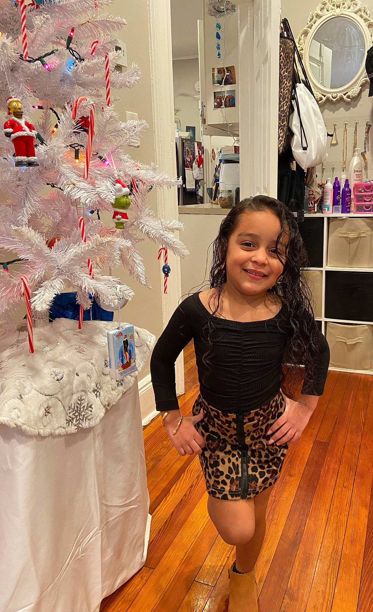 Emma joined the competition — help win amazing prizes! beauty, christmas_decoration, christmas_ornament, christmas_tree, event, fashion_design, flooring, fun, happy, human_leg, joy, ornament, pattern, person, pink, room, sleeve, smile, sportswear, thigh