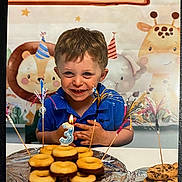 Alessio participe au concours pour gagner de l'argent avec cette photo : child, boy, birthday, cake, candle, donuts, cookies, party, celebration, smiling, happy, blue_shirt, table, sparkler, animal_backdrop, giraffe, elephant, lion, indoor, food