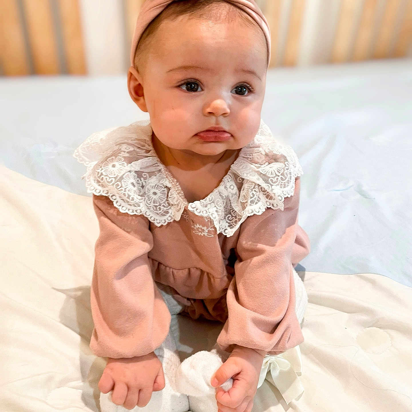 Maxx joined the competition — help win amazing prizes! accessories, baby, babycrawling, blonde, bodypart, clothing, crawling, dress, face, finger, hair, hand, head, headband, pants, person, photography, portrait, sitting, sleeve
