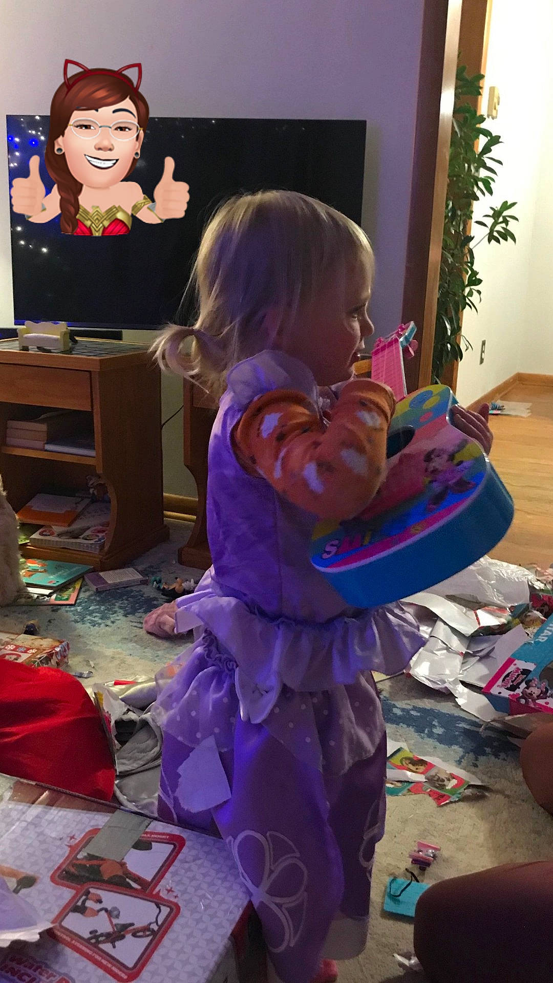 Celina Rose joined the competition — help win amazing prizes! baby_toddler_clothing, child, event, flooring, fun, hairstyle, happy, head, living_room, magenta, mammal, people, person, pink, purple, snapshot, standing, television, toddler, under_exposed