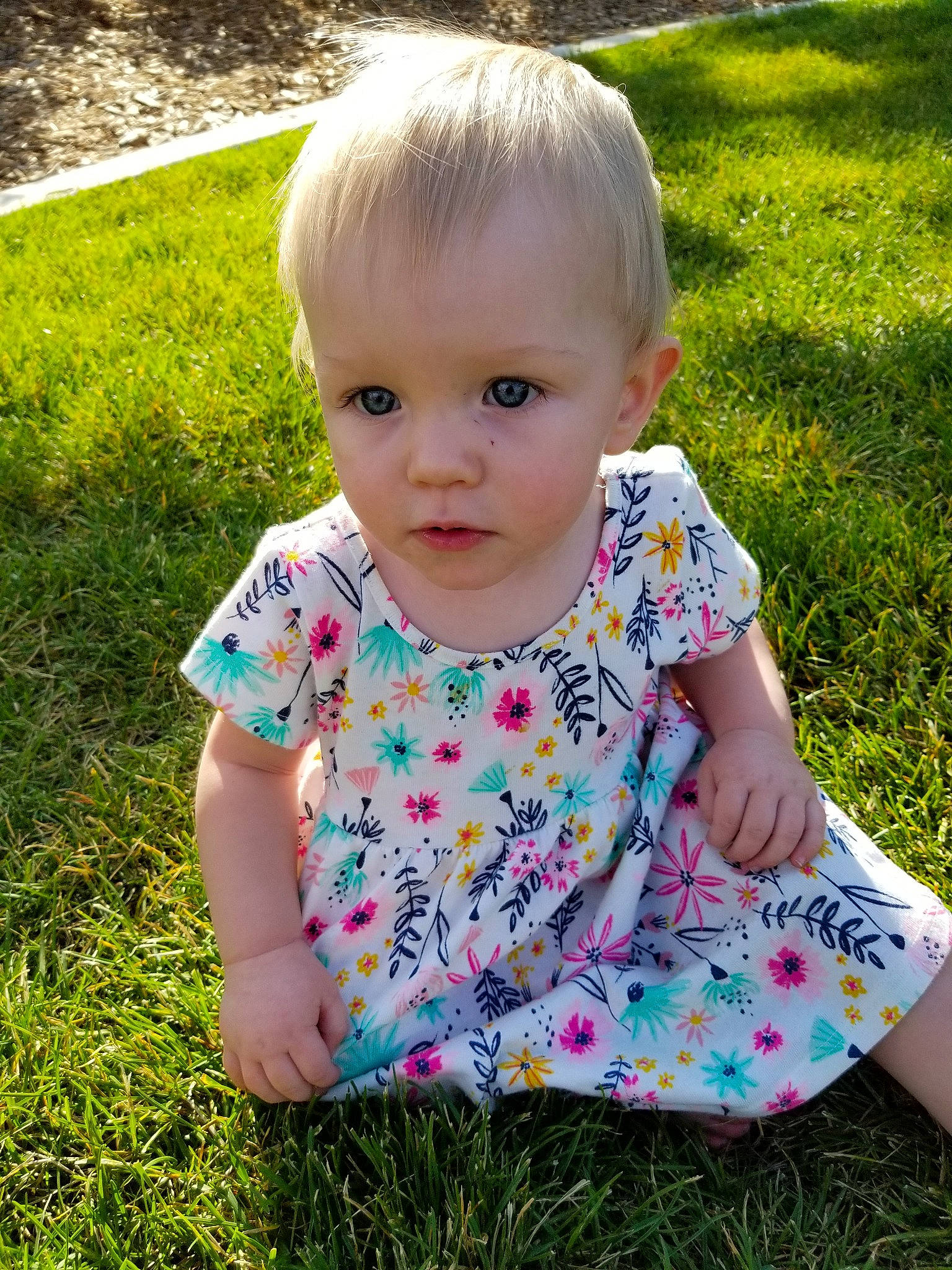 Eisley joined the competition — help win amazing prizes! baby, baby_toddler_clothing, blond, child, grass, head, lawn, meadow, pattern, person, pink, plant, play, sitting, smile, spring, summer, toddler