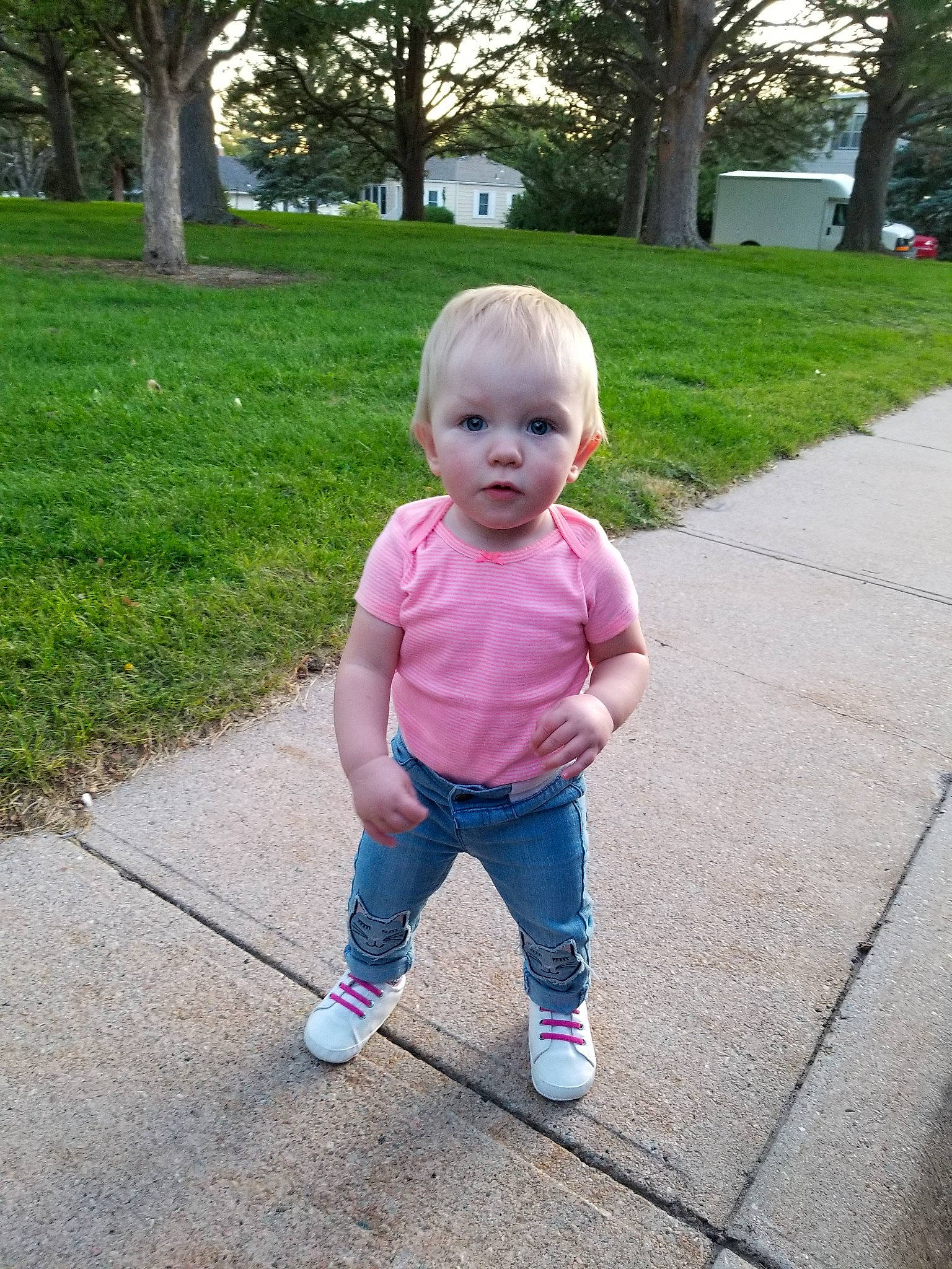 Eisley is registered to the contest to win money with this photo: baby, child, grass, person, pink, plant, play, recreation, standing, toddler, walking