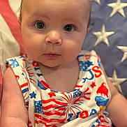 Rylie is registered to the contest to win money with this photo: baby, infant, face, eyes, clothing, pattern, stars, stripes, patriotic, red, white, blue, sitting, portrait, cute, skin, person, child, background, closeup