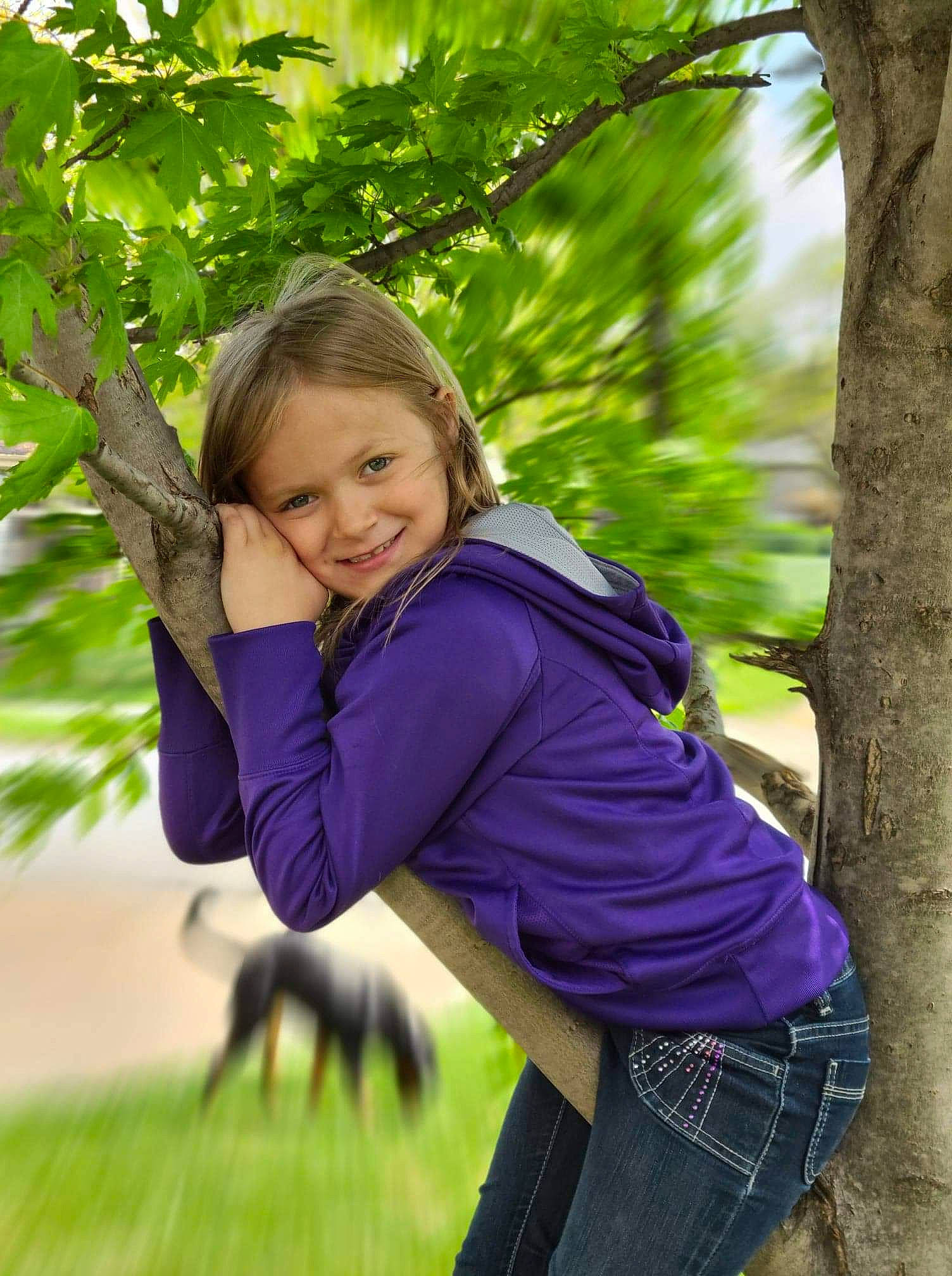 Karlie joined the competition — help win amazing prizes! beauty, botany, branch, child, child_model, grass, green, happy, jeans, joy, leaf, long_hair, people_in_nature, person, photo_shoot, photography, plant, purple, smile, spring