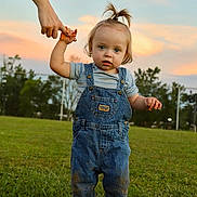 Oden joined the competition — help win amazing prizes! toddler, child, grass, overalls, denim, sunset, outdoor, person, hand, holding, walking, sky, nature, field, green, young_child, blue_eyes, cute, casual_clothing, hairstyle