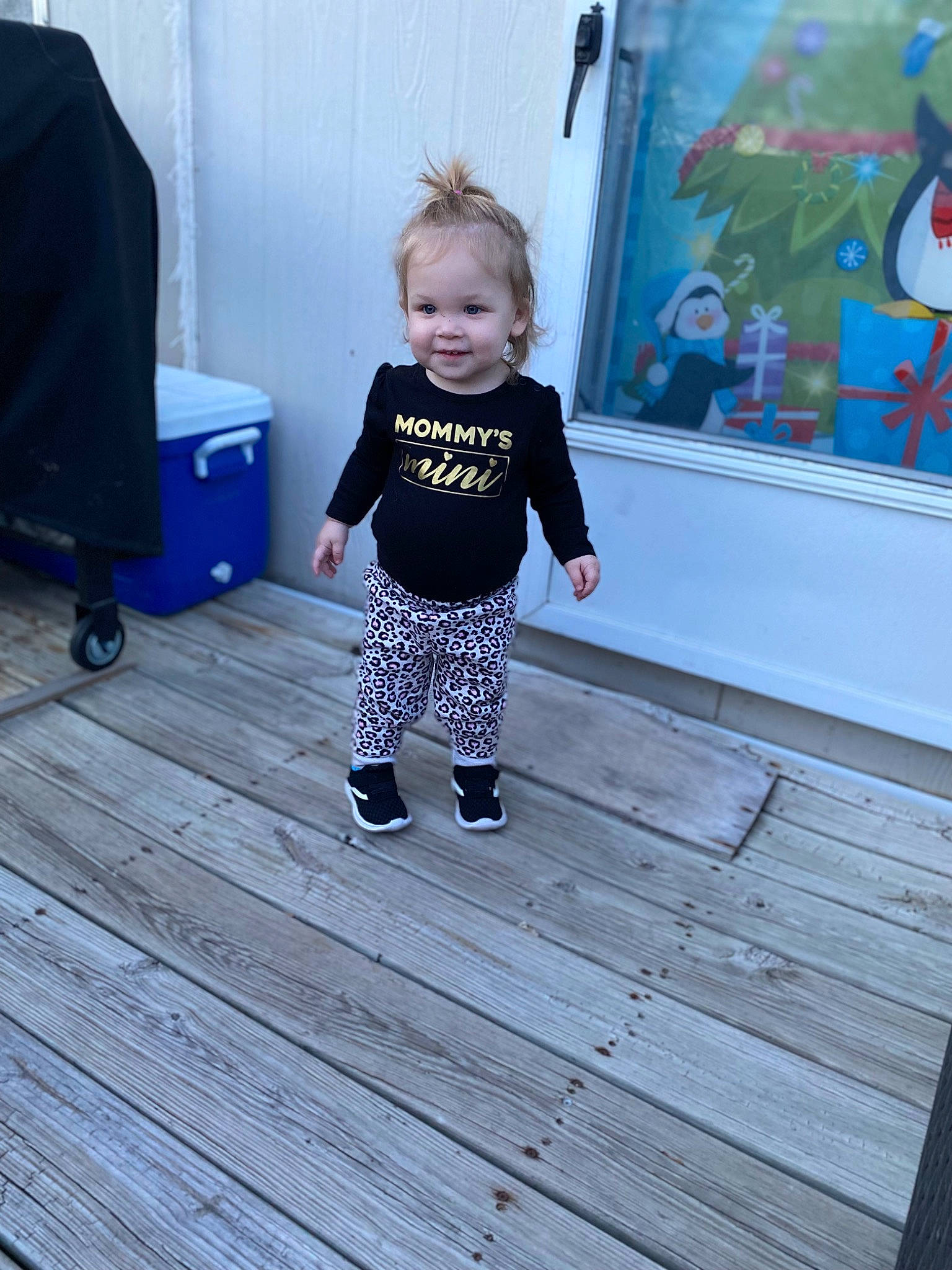 Oaklee joined the competition — help win amazing prizes! baby_toddler_clothing, blue, child, electric_blue, floor, flooring, fun, happy, hardwood, joy, leg, pattern, person, plank, purple, smile, standing, t_shirt, toddler, varnish