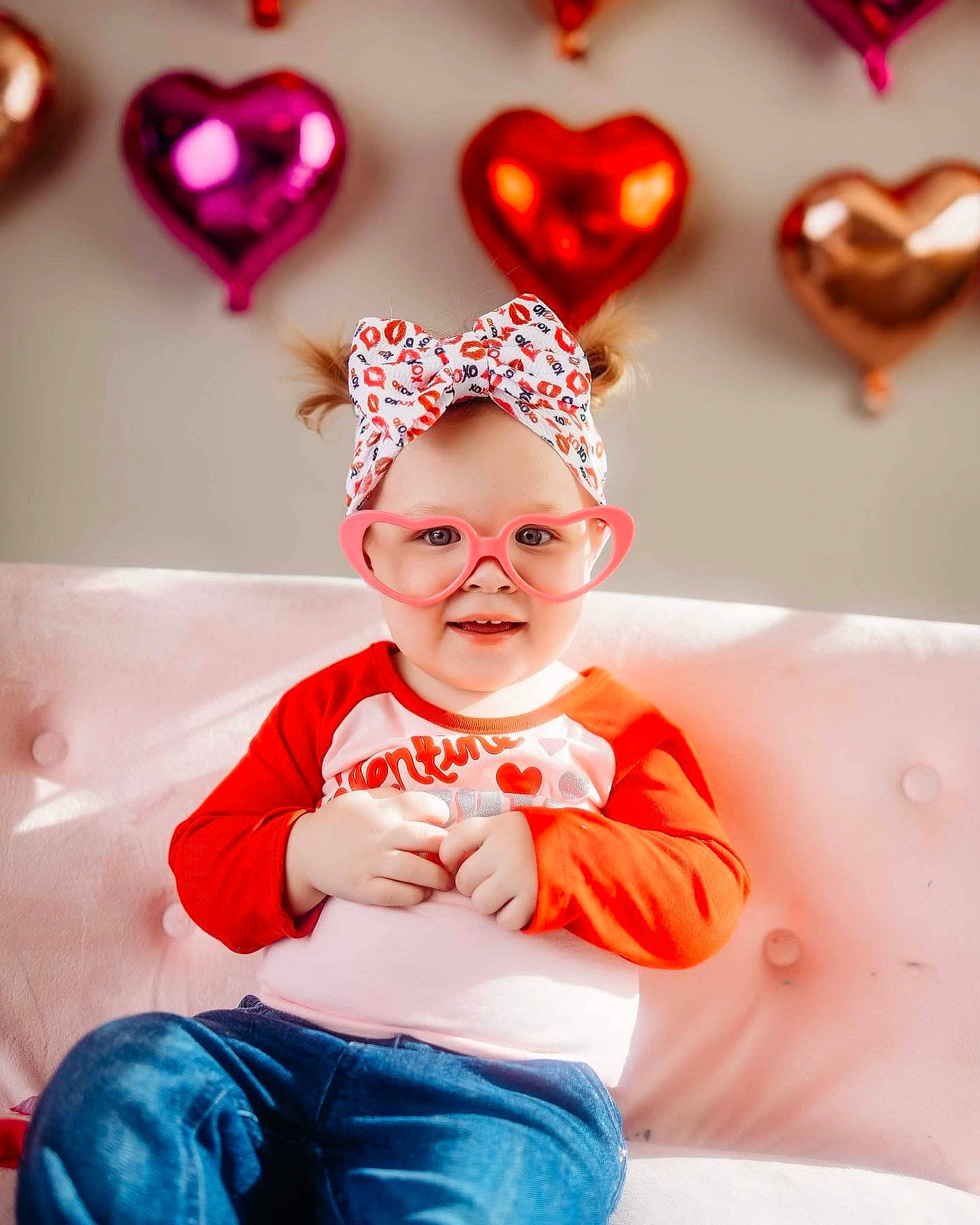 Oaklee is registered to the contest to win money with this photo: baby_toddler_clothing, child, clothing, event, flash_photography, fun, happy, headband, headpiece, headwear, jeans, light, magenta, organ, person, pink, red, smile, t_shirt, textile