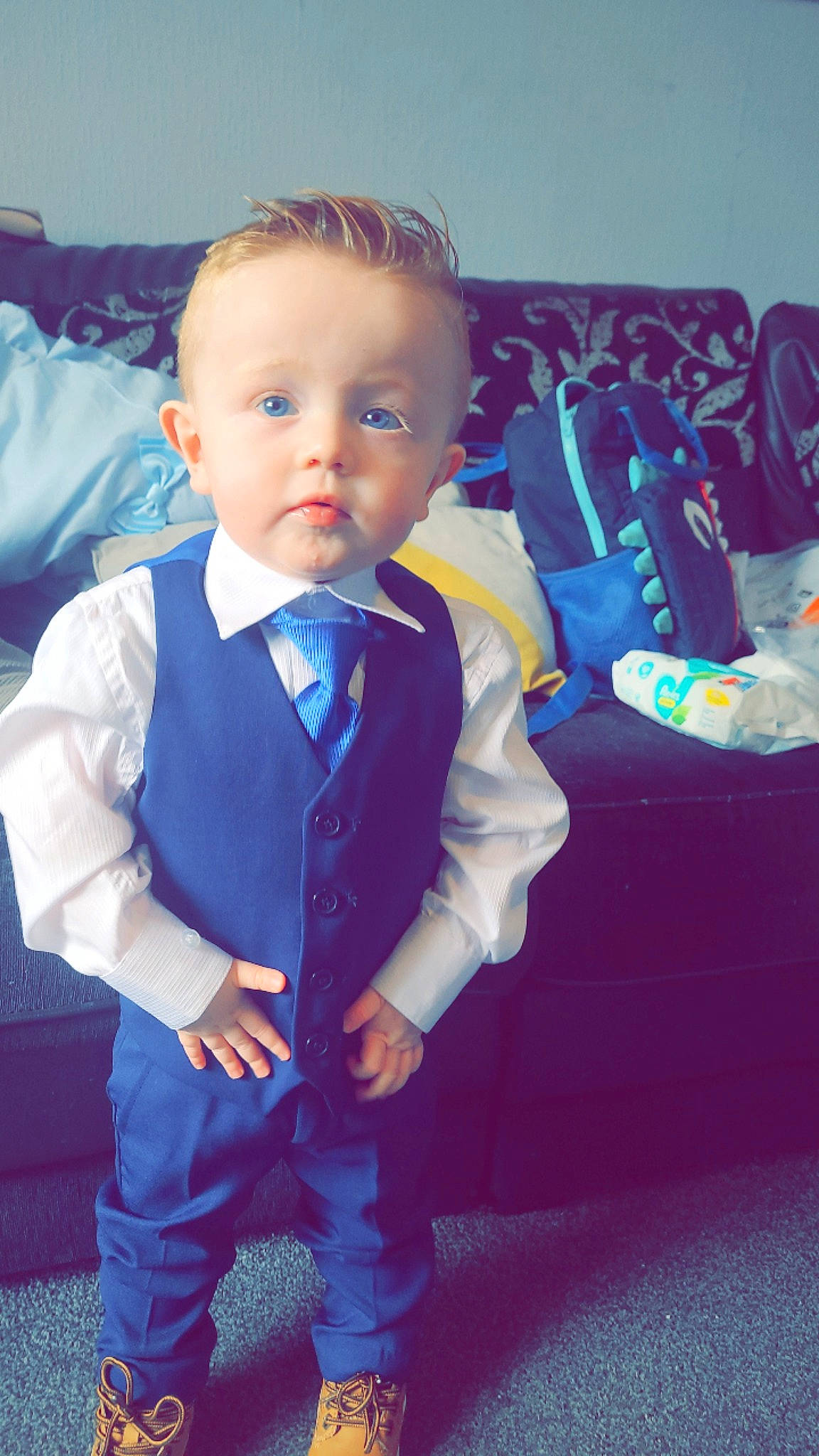 Jenson joined the competition — help win amazing prizes! azure, baby, baby_toddler_clothing, cool, eye, flooring, formal_wear, fun, hair, happy, head, human_body, person, product, shoe, skin, sleeve, standing, textile, tie