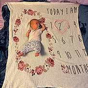 Eliana is registered to the contest to win money with this photo: baby, infant, child, sleeping, pacifier, portrait, milestone_blanket, floral, heart, numbers, handwritten_text, bed, blanket, pillows, bedroom, indoor, lying_down, onesie, patterned_pants, bare_feet