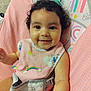 A'Va joined the competition — help win amazing prizes! baby, child, smiling, bib, curly_hair, pink, seat, food, face, indoors, happy, cute, infant, clothing, sitting, colorful, pattern, person, portrait, baby_seat
