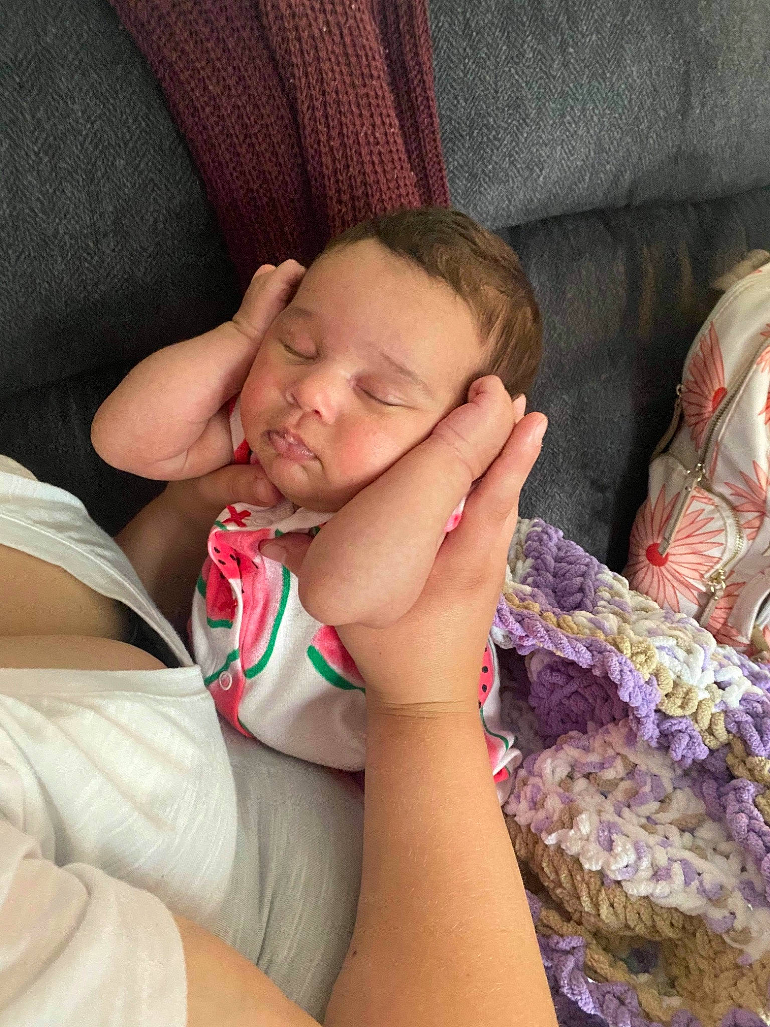 Alonna joined the competition — help win amazing prizes! baby, baby_sleeping, baby_toddler_clothing, child, comfort, couch, elbow, eyelash, finger, gesture, happy, human_leg, leg, linens, nail, person, skin, textile, thigh, thumb