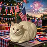 Snowball joined the competition — help win amazing prizes! cat, white_cat, picnic_table, american_flag, fireworks, barbecue, grill, food, party, outdoor, celebration, people, red_cup, basket, string_lights, patriotic, flag_banners, napkins, summer, evening