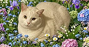 Snowball joined the competition — help win amazing prizes! cat, flower_bed, cream_cat, daisy, hydrangea, lilies_of_the_valley, purple_irises, green_leaves, yellow_dandelions, blue_forget_me_nots, pink_flowers, outdoor, nature, flora, animal, pet, relaxing, spring, garden, close_up