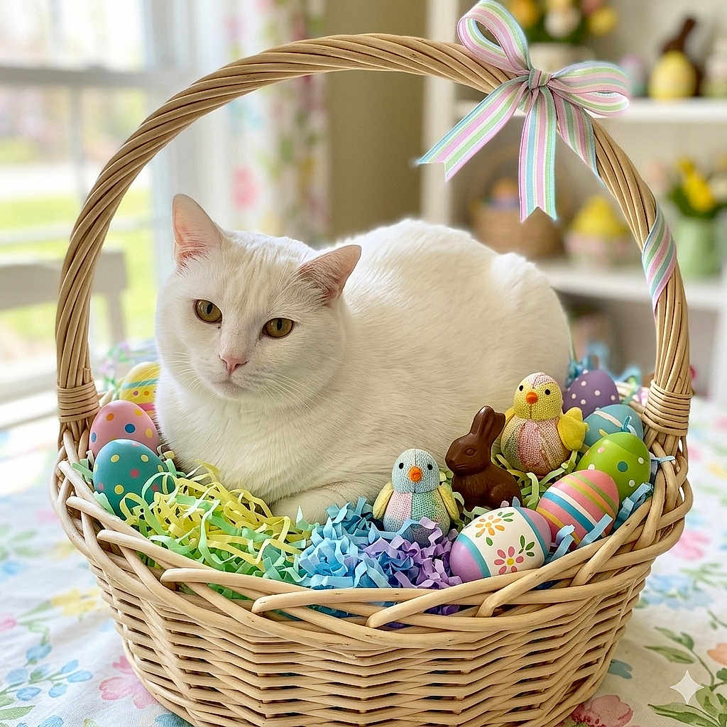 Snowball is registered to the contest to win money with this photo: cat, white_cat, easter_basket, decorated_eggs, chick_toy, bunny_toy, shredded_paper, wicker_basket, tablecloth, floral_pattern, indoor, pet, cute, colorful, holiday, spring, animal, domestic_cat, resting, soft_light
