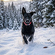 Secret is registered to the contest to win money with this photo: dog, black_dog, snow, winter, forest, trees, mountain, outdoor, animal, running, collar, snowflakes, nature, daylight, playful, canine, landscape, snowy, active, adventure