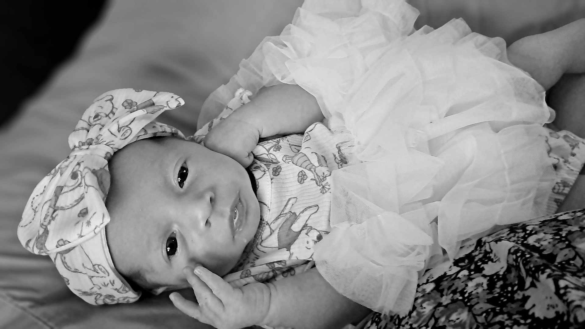 Bailey joined the competition — help win amazing prizes! baby, infant, headwrap, tutu, clothing, portrait, black_and_white, cute, face, looking, hand, soft, fabric, pattern, laying, newborn, person, child, expression, closeup