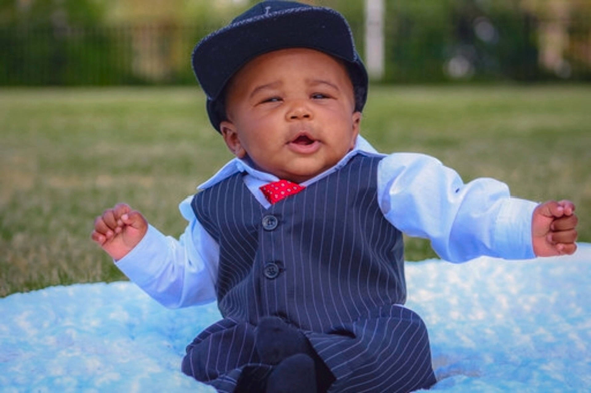 Prince joined the competition — help win amazing prizes! blue, boy, child, facial_expression, fun, grass, happiness, headgear, infant, laughter, outerwear, person, play, product, smile, toddler