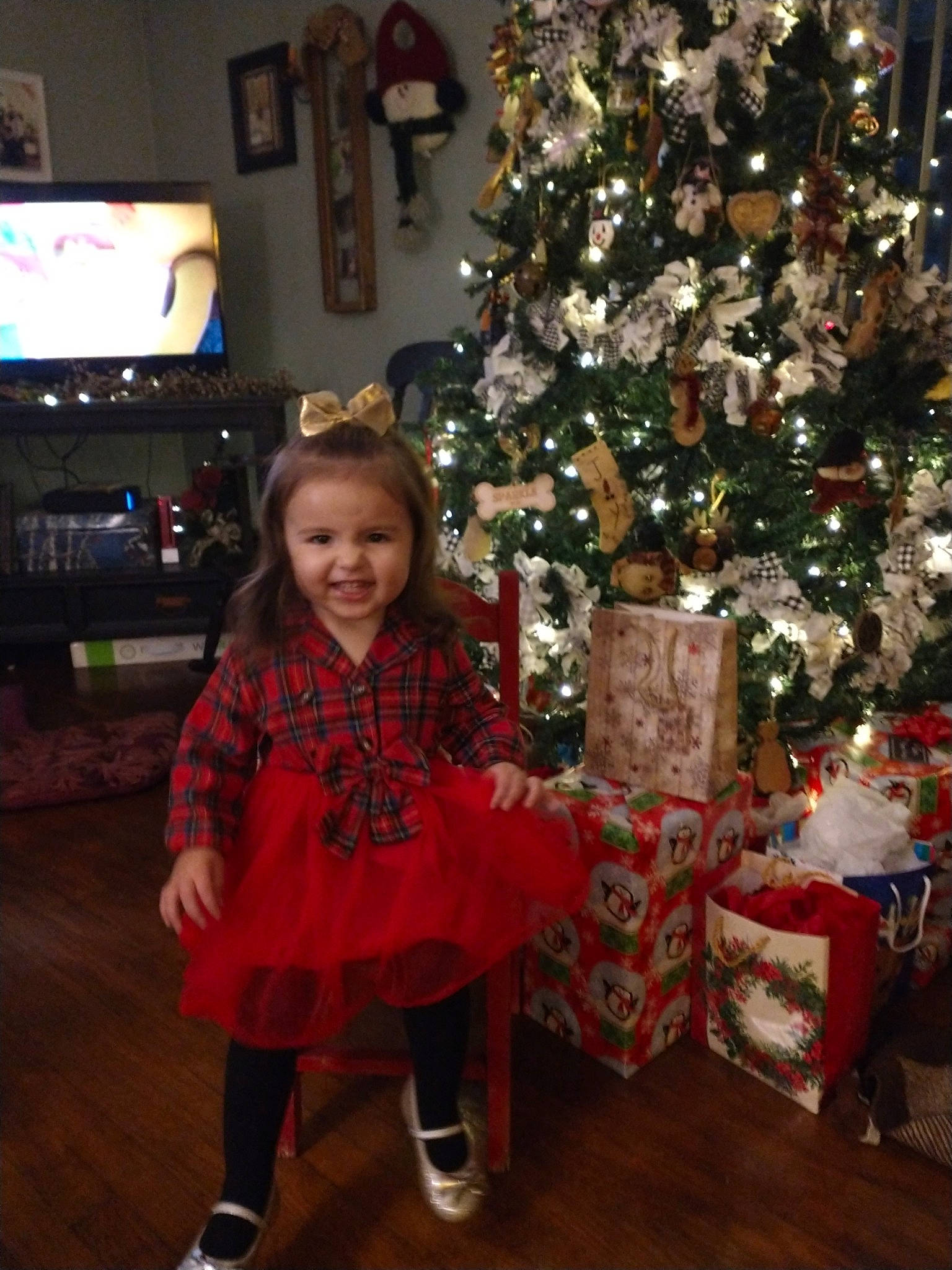 Birdie joined the competition — help win amazing prizes! baby_toddler_clothing, christmas, christmas_decoration, christmas_ornament, christmas_tree, event, facial_expression, fun, holiday, holiday_ornament, joy, lap, ornament, person, plant, smile, standing, television, toddler, tradition