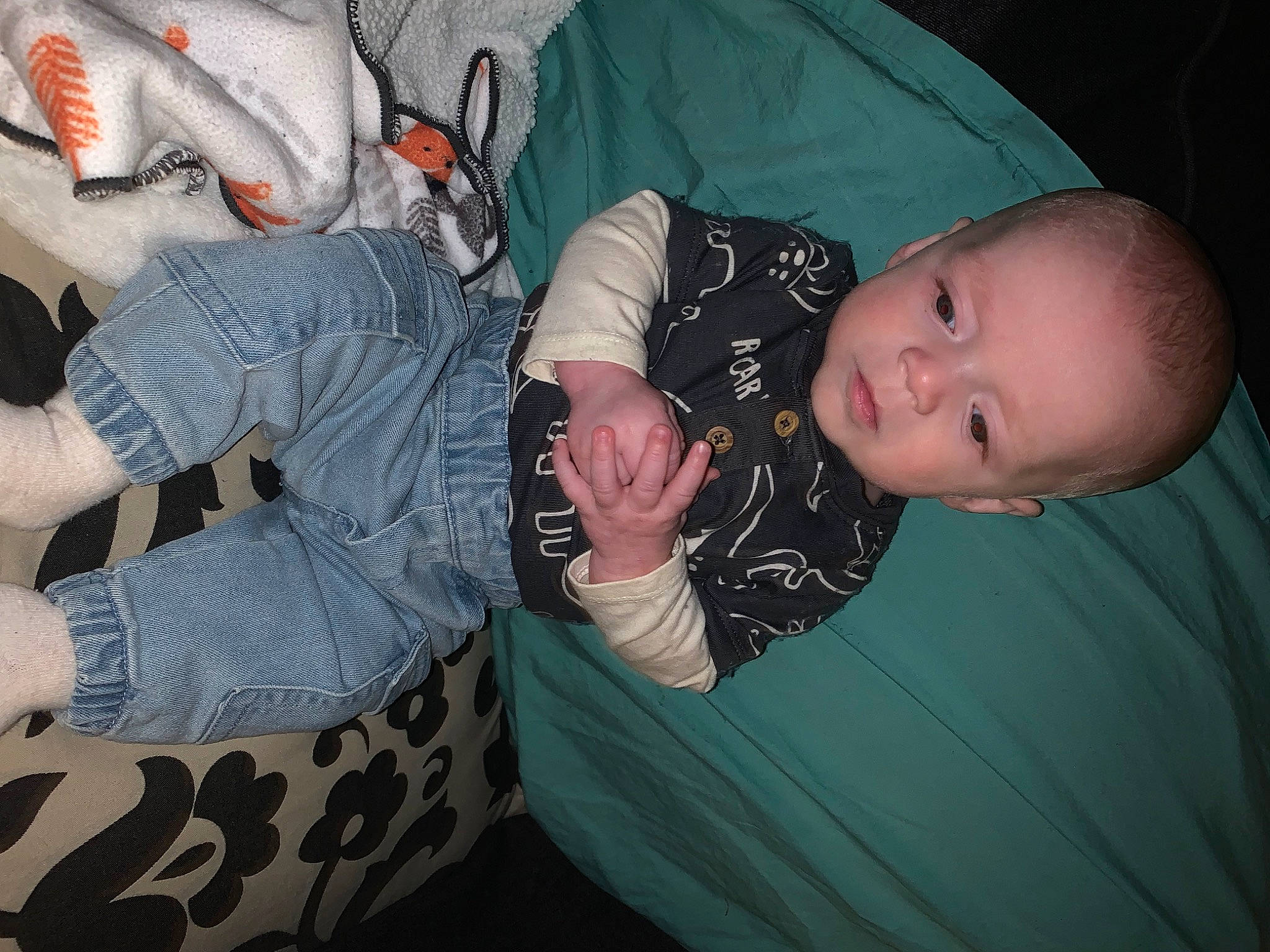 Everett joined the competition — help win amazing prizes! arm, baby, baby_products, baby_toddler_clothing, carmine, cheek, child, comfort, flash_photography, fun, lap, mouth, pattern, person, room, sitting, sleeve, toddler, tree