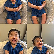 Ruhaan joined the competition — help win amazing prizes! baby, child, smiling, blue_clothing, indoor, cushioned_seat, hands_clasped, cute, happy, infant, portrait, sitting, young_child, baby_girl, baby_boy, romper, cute_expression, face, person, cozy