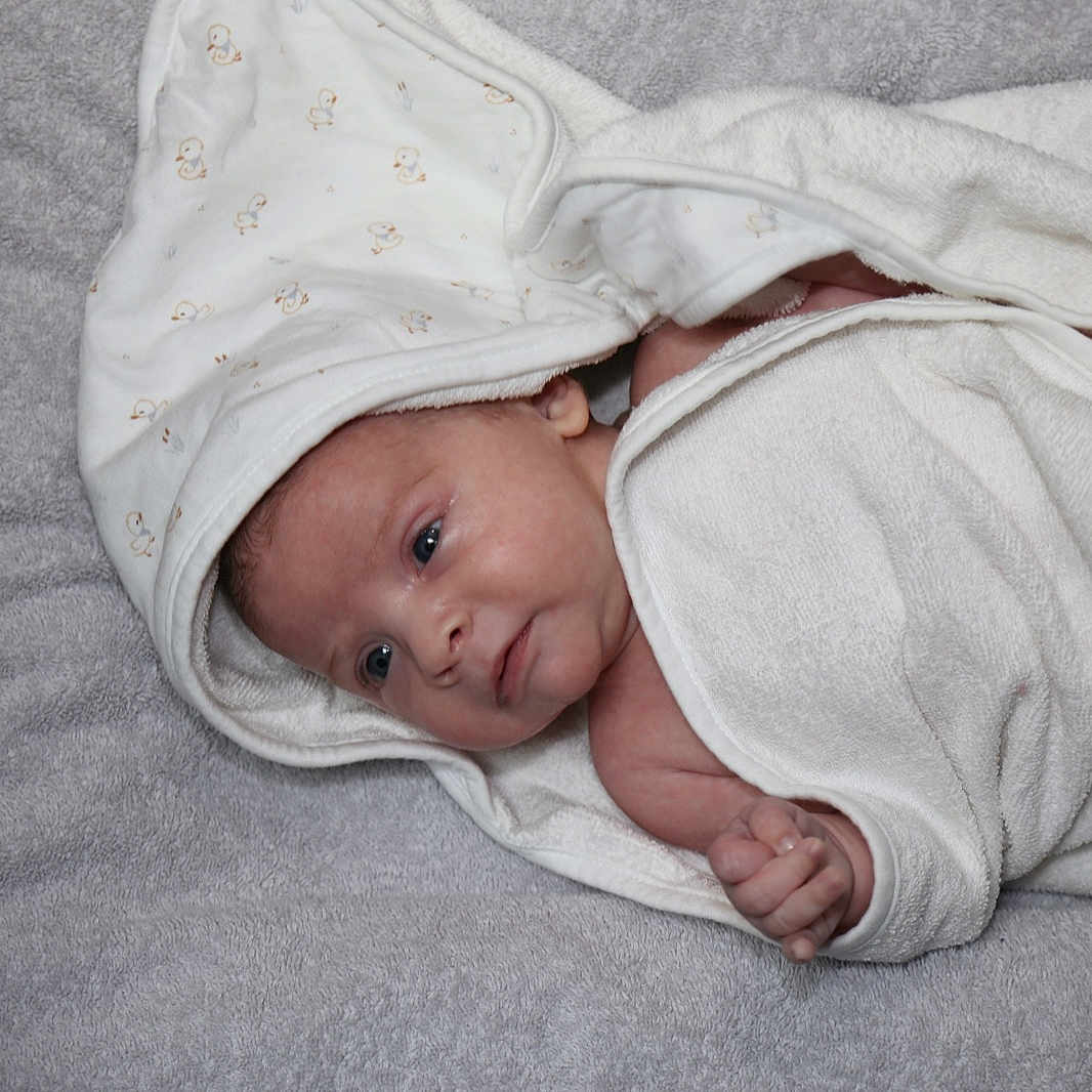 Romy a rejoint le concours — aidez-le/la à gagner de superbes lots ! baby, blanket, child, comfort, cute, eyes, face, gray, hand, hood, infant, lying_down, newborn, plush, portrait, skin, soft, towel, white, wrapped