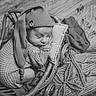 baby, sleeping, basket, hat, knitwear, pillow, wooden_floor, rug, black_and_white, portrait, cozy, child, infant, cute, resting, peaceful, indoors, woven, texture, small