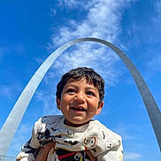 Subh is registered to the contest to win money with this photo: child, boy, smiling, happy, outdoor, blue_sky, clouds, arch, landmark, hands, sweater, cartoon_print, daylight, portrait, person, playful, holding, architecture, tourist_spot, sky