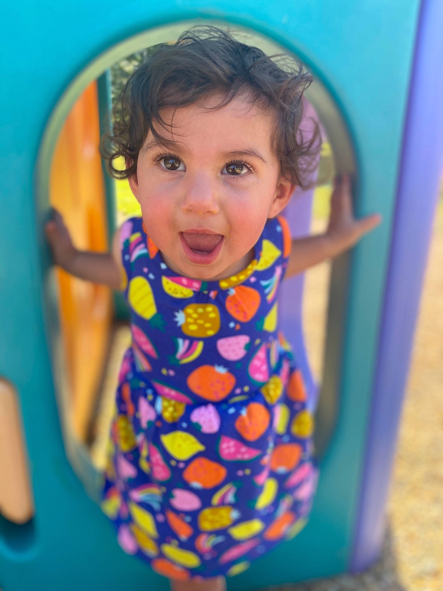 Ruby joined the competition — help win amazing prizes! baby_toddler_clothing, blue, dress, eye, facial_expression, hair, hairstyle, happy, head, iris, leisure, mouth, nose, person, product, purple, skin, smile, standing, summer