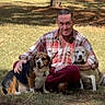 affection, animal, beagle, canine, casual, companion, daylight, dog, grass, man, nature, outdoor, person, pet, plaid_shirt, relaxing, sitting, sunlight, trees, two_dogs