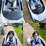 toddler, child, toy_car, white_car, curly_hair, overalls, sneakers, sidewalk, driveway, outdoor, daylight, steering_wheel, seatbelt, grass, concrete, playtime, happy, cute, portrait, person